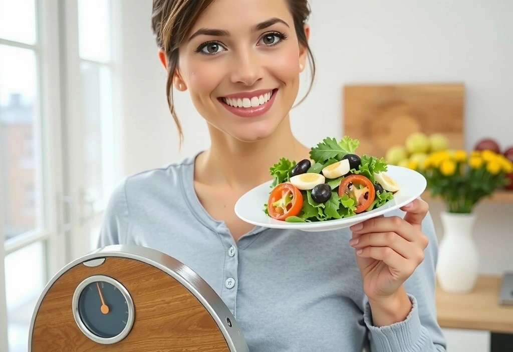Frau hält eine Waage in der Hand und schaut lächelnd auf einen Salatteller